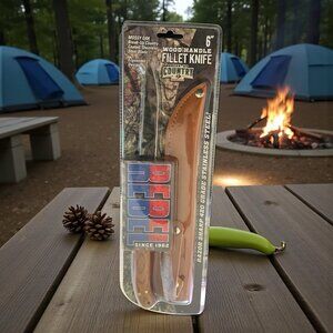 Mossy Oak Fixed Blade Gut Hook Knife 6”  Fillet Wooden Handle w/Sheath